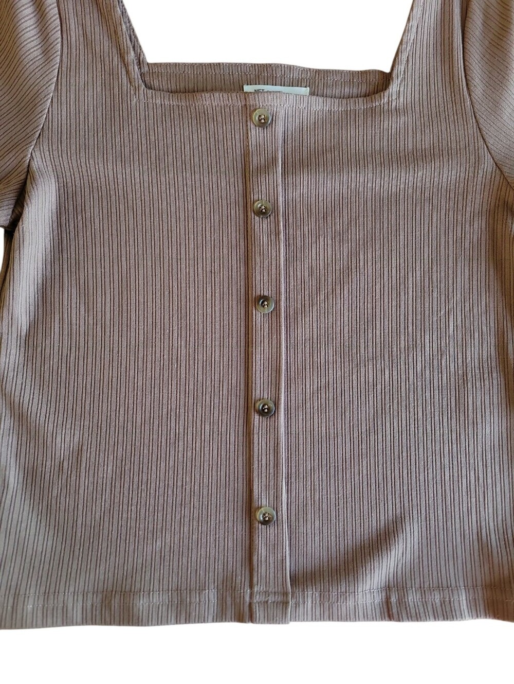 Net Collection Tan Ribbed Button Front Crop Top Women's Size S - Picture 4 of 6